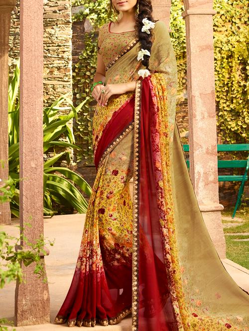 contrast bordered printed saree with blouse - 15360937 - Very Small Image - 1