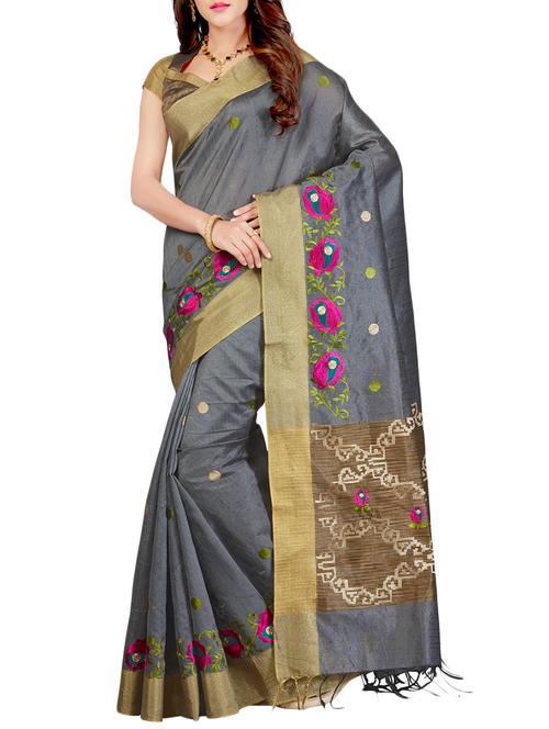contrast border embroidered saree with blouse - 15363702 - Very Small Image - 1