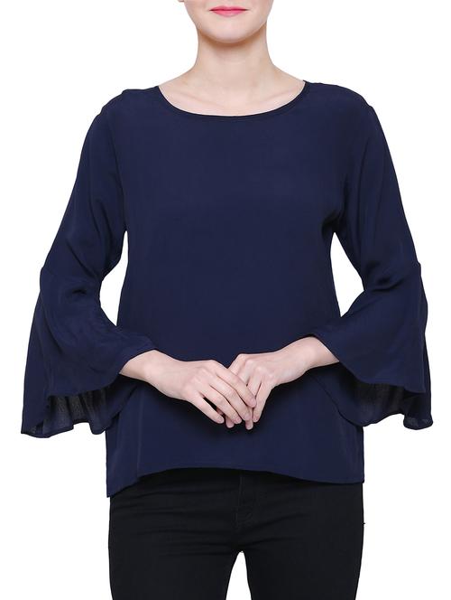 flounce sleeve round neck solid top - 15366224 - Very Small Image - 1