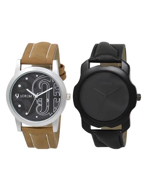 lorem lr3-102 black & blue round boy's leather & metal bracelet wrist watch - 15374946 - Very Small Image - 1