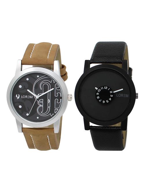 lorem lr4-102 black & blue round boy's leather & metal bracelet wrist watch - 15374949 - Very Small Image - 1
