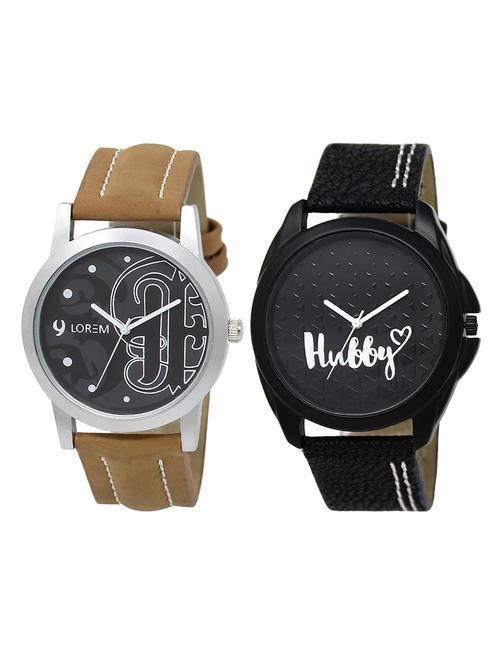 lorem lr6-102 black & blue round boy's leather & metal bracelet wrist watch - 15374955 - Very Small Image - 1