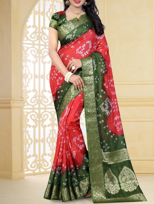 contrast border zari bandhani saree with blouse - 15378345 - Very Small Image - 1