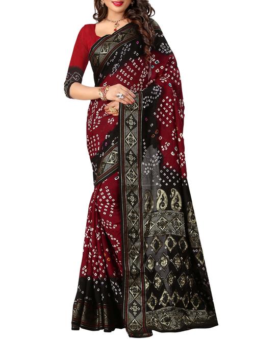 contrast border zari bandhani saree with blouse - 15378369 - Very Small Image - 1