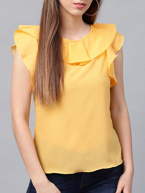 flounce neck and sleeve detail sheer top - 15380151 - Very Small Image - 1