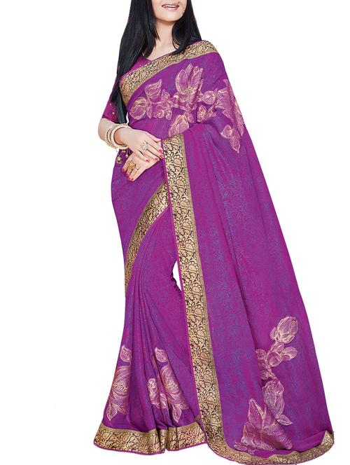 delicate golden border printed saree with blouse - 15381977 - Very Small Image - 1
