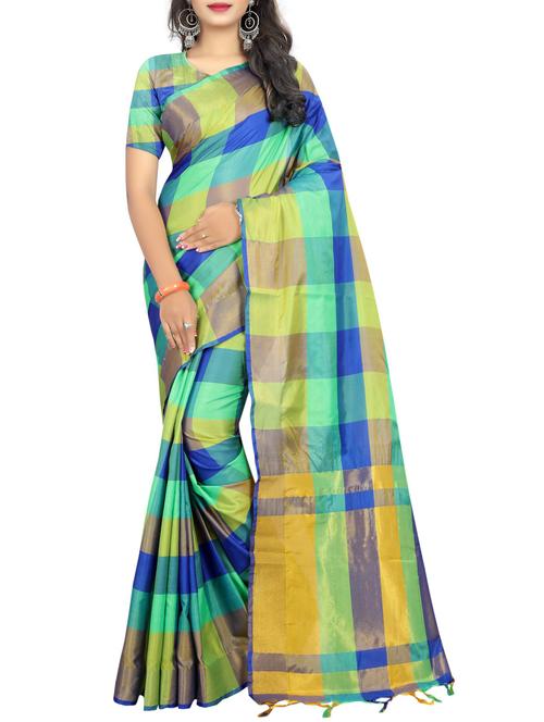 checkered woven saree with tassels with blouse - 15384584 - Very Small Image - 1