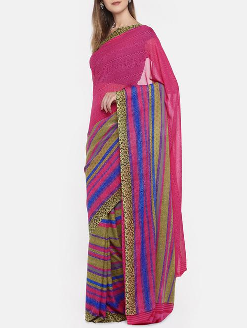 contrast bordered printed saree with blouse - 15386221 - Very Small Image - 1