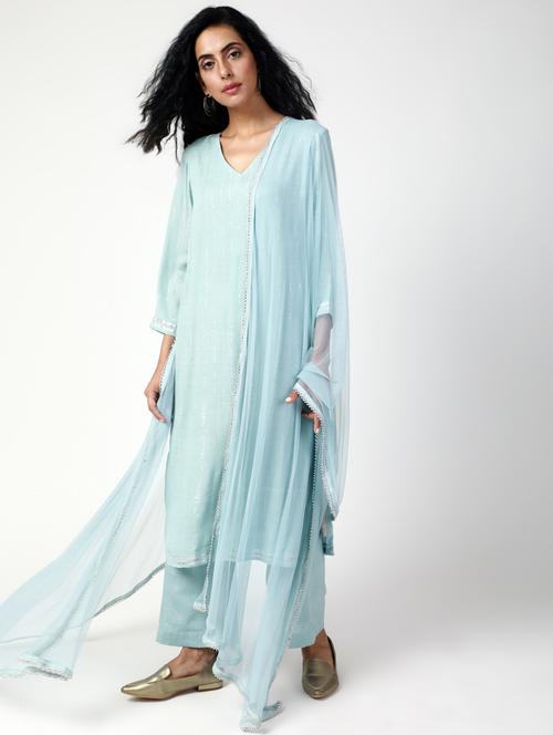 crinkle zari highlight kurta palazzo with dupatta suit - 15386348 - Very Small Image - 1