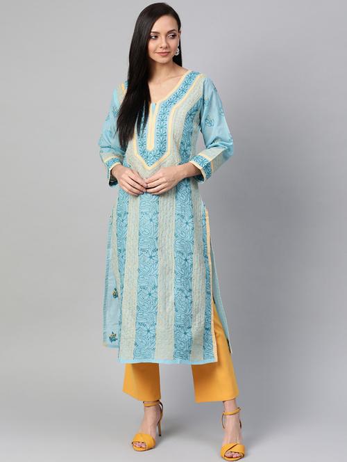 ada hand embroidered blue cotton chikankari straight kurta - 15387314 - Very Small Image - 1