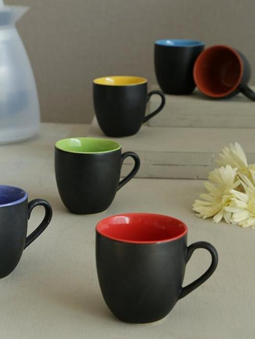 set of 6 pcs black matt finish medium size multicolored tea & coffee cups 200 ml (microwave safe) - 15388150 - Very Small Image - 1