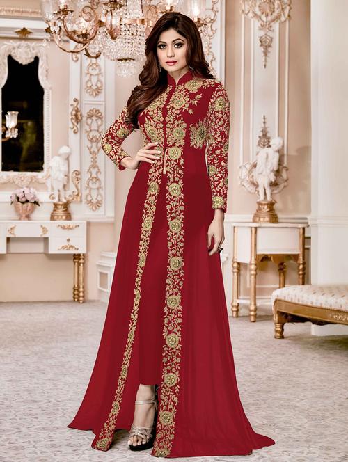 embroidered semi-stitched front slit suit - 15393818 - Very Small Image - 1