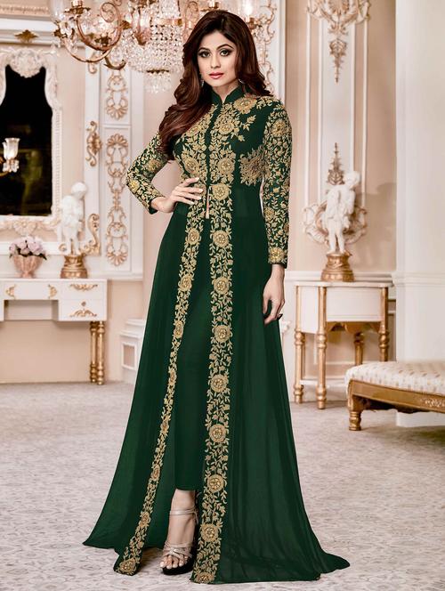 embroidered semi-stitched front slit suit - 15393820 - Very Small Image - 1