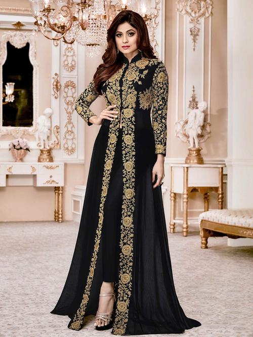embroidered semi-stitched front slit suit - 15393821 - Very Small Image - 1