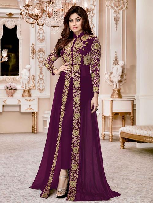 embroidered semi-stitched front slit suit - 15393822 - Very Small Image - 1