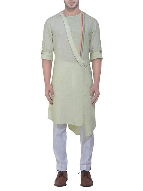 green linen asymmetric kurta pyjama set - 15398331 - Very Small Image - 1