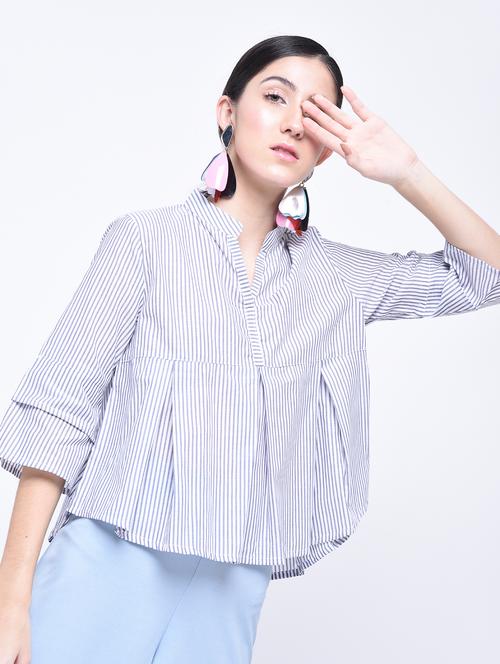 mandarin neck striped pleated top - 15399063 - Very Small Image - 1