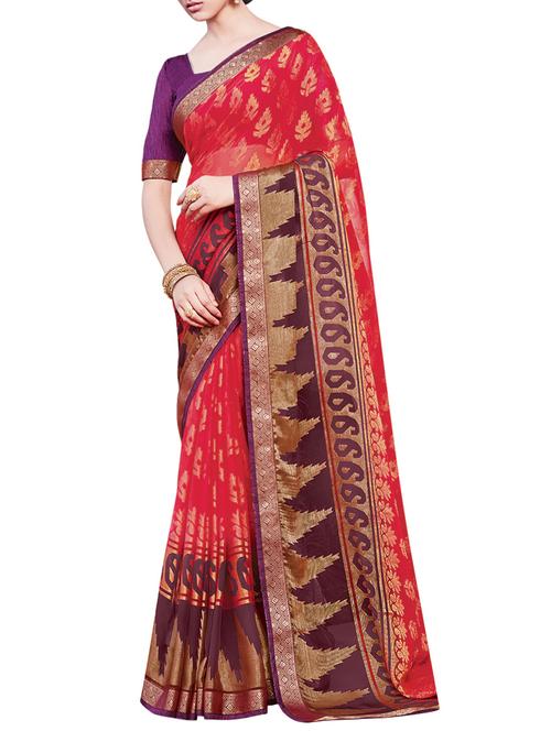 temple bordered foil printed saree with blouse - 15401941 - Very Small Image - 1
