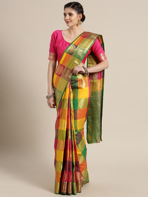 checkered zari banarasi saree with blouse - 15402225 - Very Small Image - 1