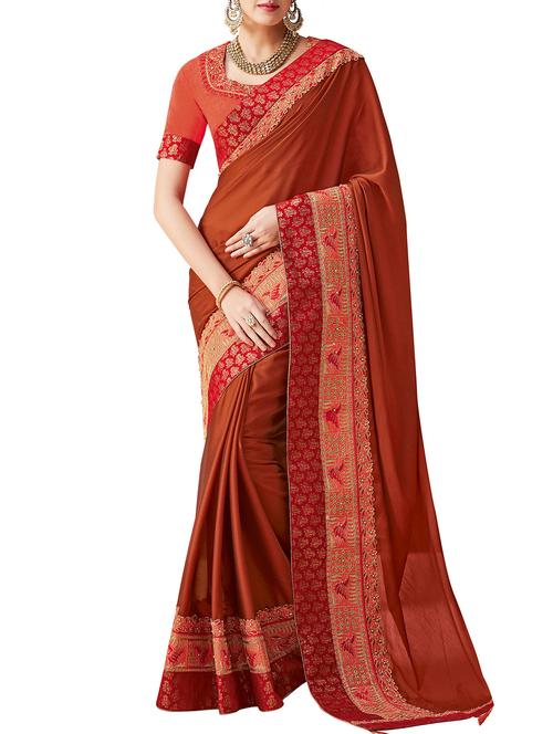 embroidered jacquard border saree with blouse - 15406091 - Very Small Image - 1