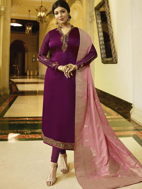 embroidered semi-stitched churidaar suit - 15409878 - Very Small Image - 1