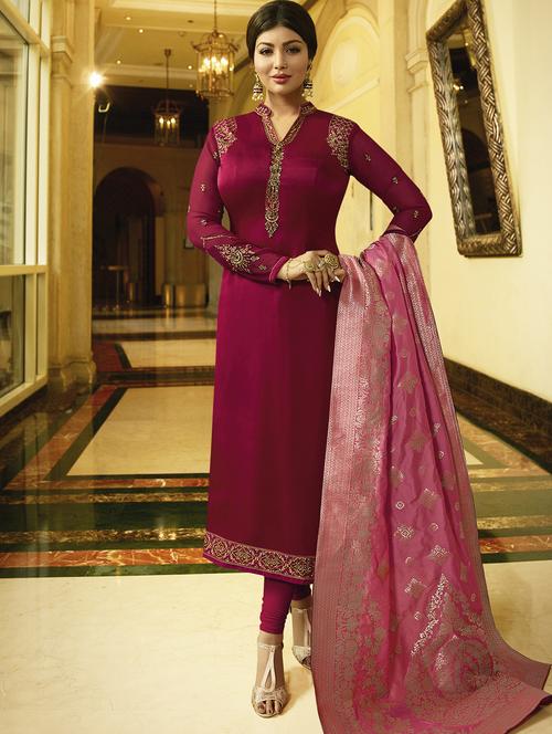 embroidered semi-stitched churidaar suit - 15409880 - Very Small Image - 1