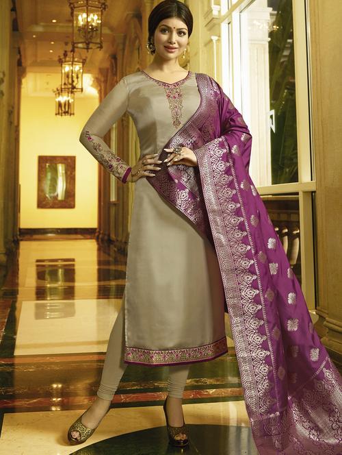 embroidered semi-stitched churidaar suit - 15409881 - Very Small Image - 1