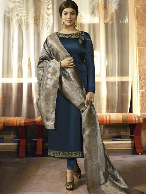 embroidered semi-stitched churidaar suit - 15409882 - Very Small Image - 1