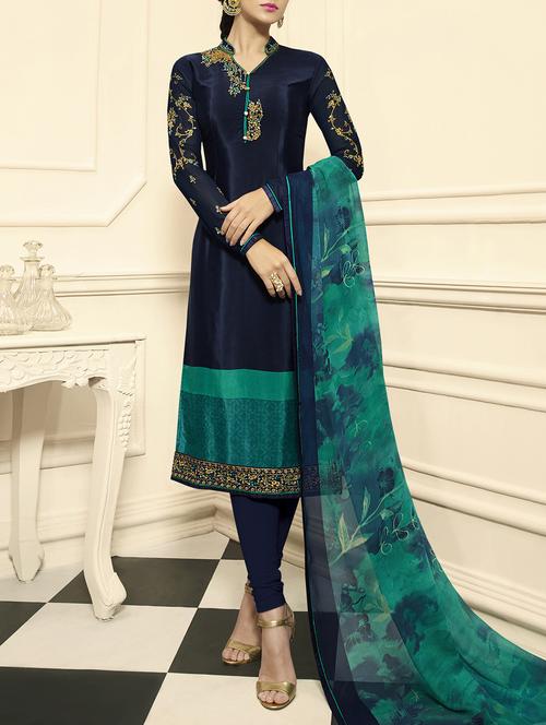 embroidered semi-stitched churidaar suit - 15409887 - Very Small Image - 1