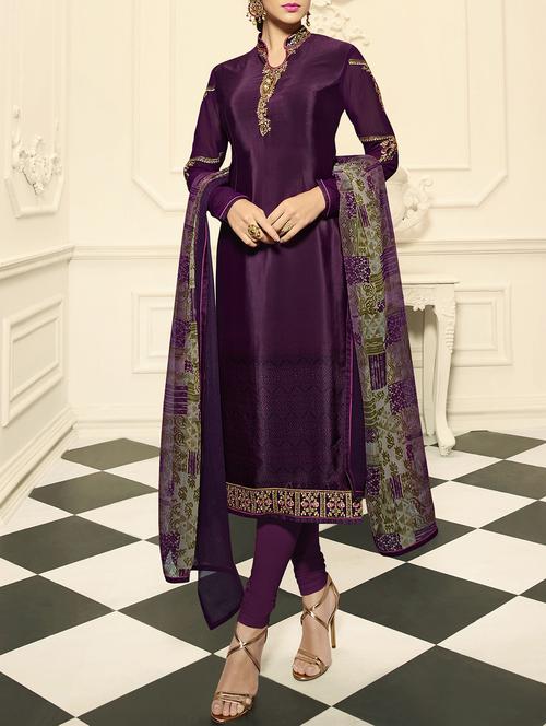 embroidered semi-stitched churidaar suit - 15409888 - Very Small Image - 1