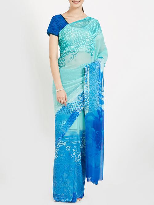 sky blue printed saree with blouse - 15409972 - Very Small Image - 1