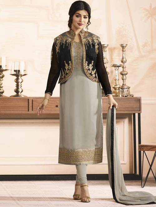 embroidered semi-stitched churidaar suit - 15410232 - Very Small Image - 1