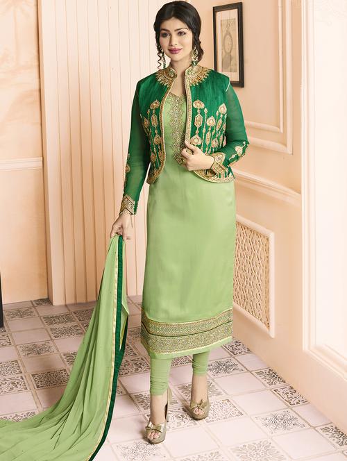 embroidered semi-stitched churidaar suit - 15410233 - Very Small Image - 1
