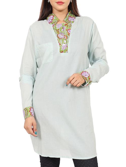 green cotton straight kurti - 15410243 - Very Small Image - 1