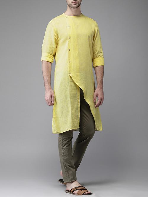 yellow cotton asymmetric kurta - 15410548 - Very Small Image - 1