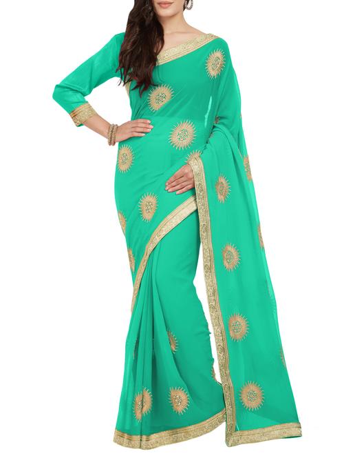 thread embroidered lace border saree with blouse - 15411069 - Very Small Image - 1