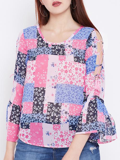 tie up bell sleeve floral top - 15412629 - Very Small Image - 1