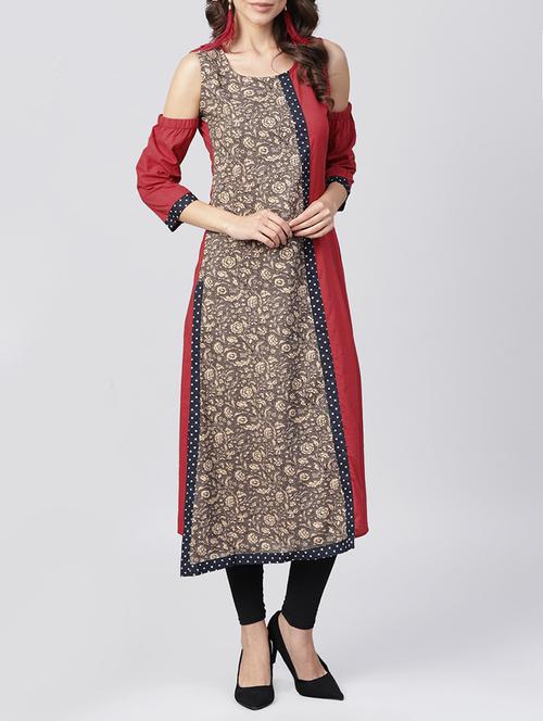 cold sleeve straight printed kurta - 15413002 - Very Small Image - 1
