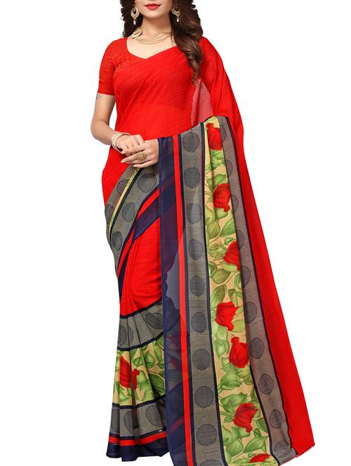 floral bordered printed saree with blouse - 15414344 - Very Small Image - 1