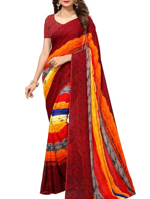 color block printed saree with blouse - 15414351 - Very Small Image - 1