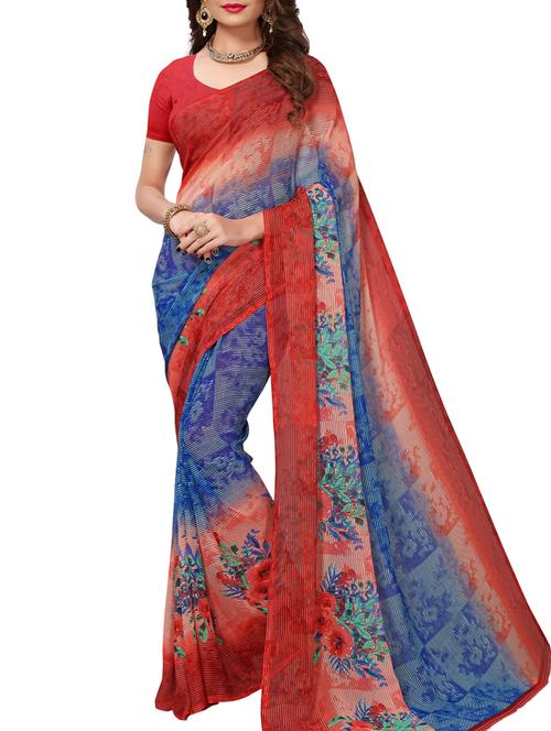 contrast bordered printed saree with blouse - 15414359 - Very Small Image - 1