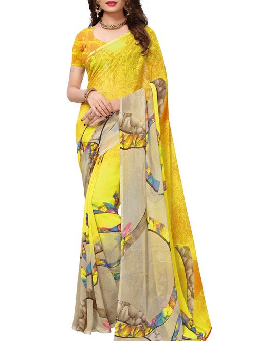 lime yellow printed saree with blouse - 15414361 - Very Small Image - 1