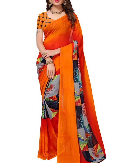 sunset orange printed saree with blouse - 15414362 - Very Small Image - 1