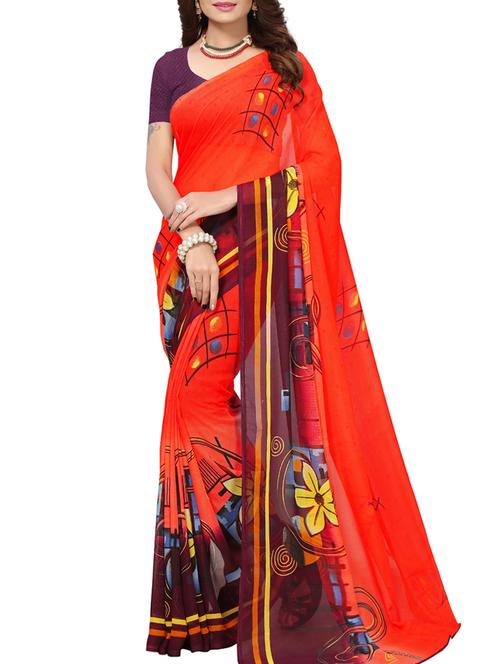 contrast bordered printed saree with blouse - 15414365 - Very Small Image - 1