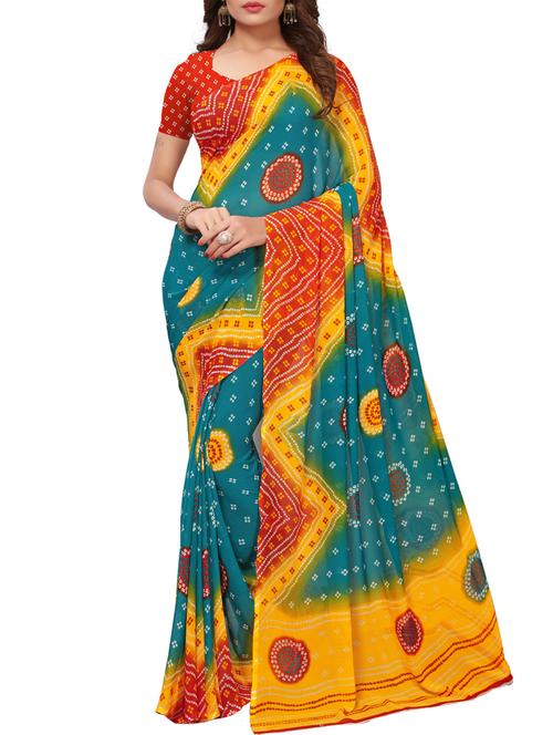 contrast bordered bandhani saree with blouse - 15414377 - Very Small Image - 1