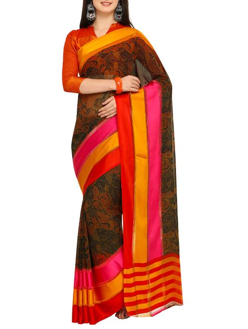 contrast bordered printed saree with blouse - 15414878 - Very Small Image - 1