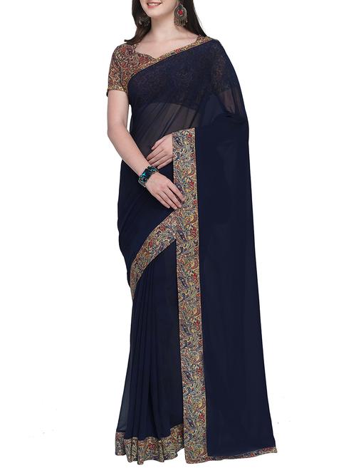 midnight blue bordered saree with blouse - 15414908 - Very Small Image - 1