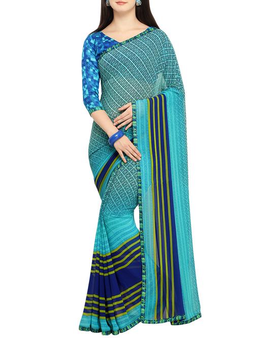 striped bordered floral saree with blouse - 15414920 - Very Small Image - 1