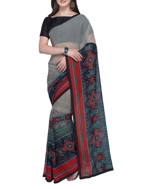 contrast bordered printed saree with blouse - 15414948 - Very Small Image - 1
