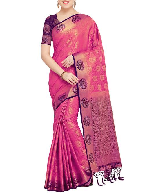 golden paisley zari kanjivaram saree with blouse - 15415214 - Very Small Image - 1